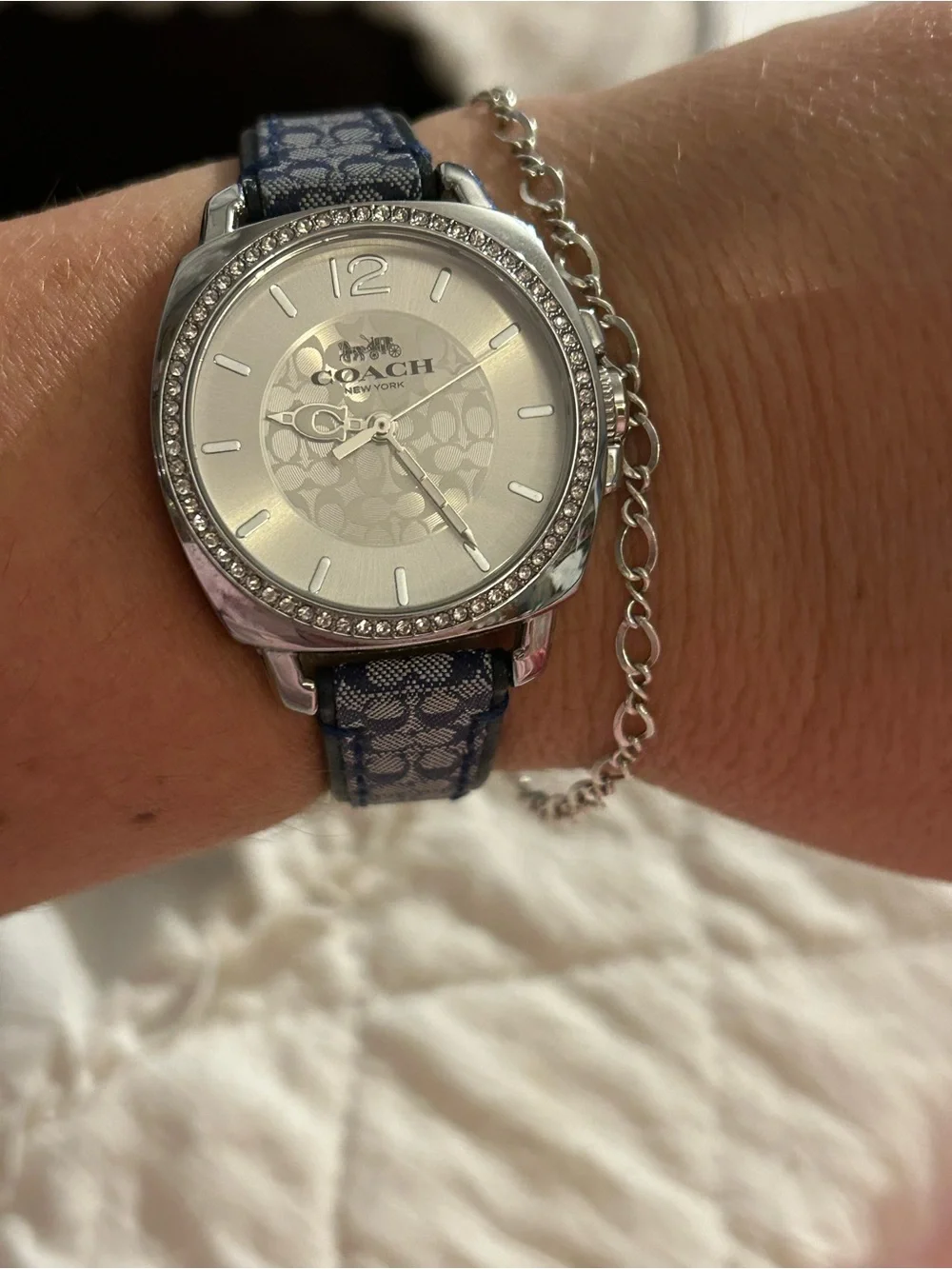 Coach Women's Silver Dial Watch with Blue Signature Strap
